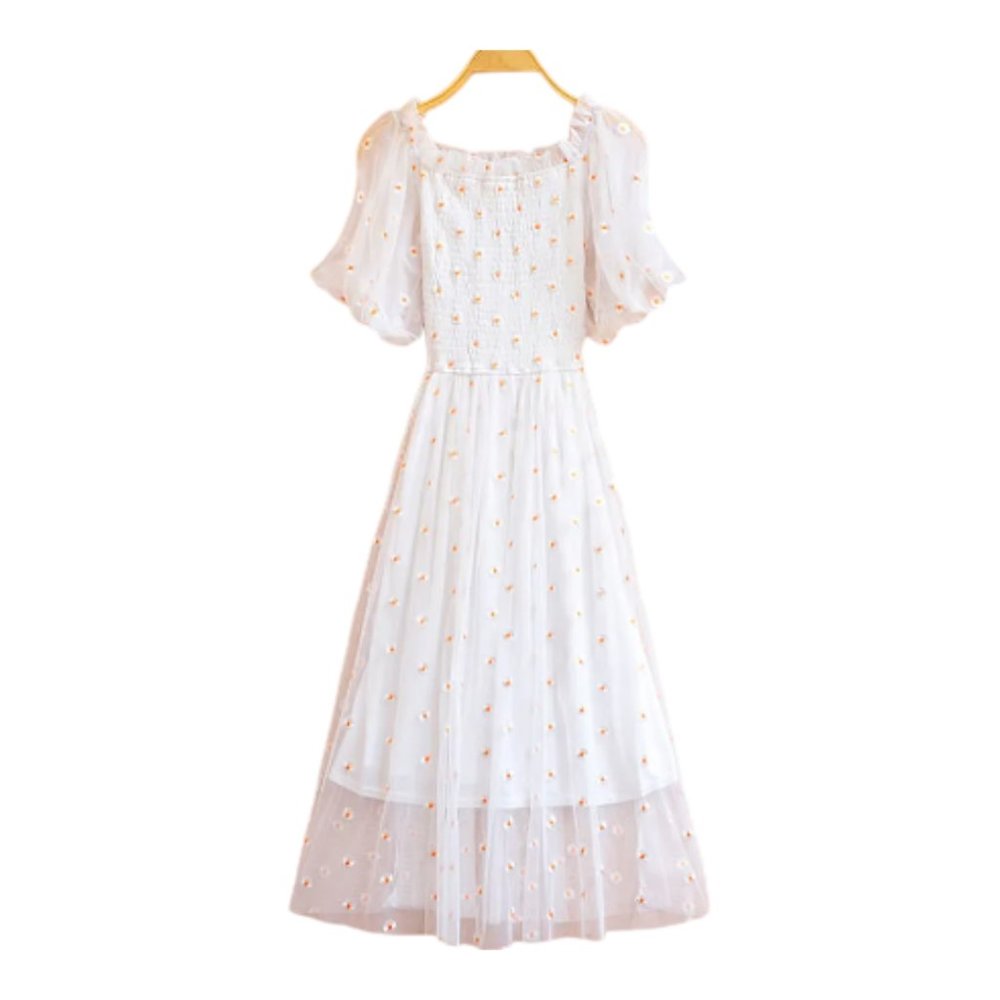 Ivory Puff Sleeve Tulle Mesh Smocked Chest Daisy Embroidered Dress